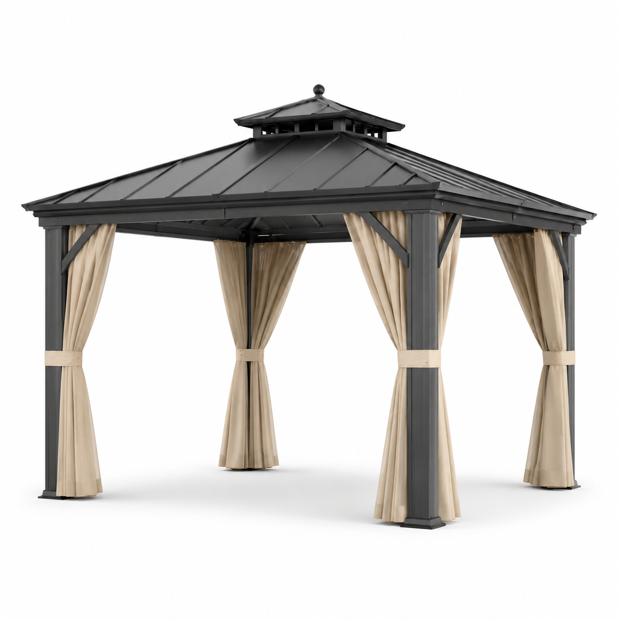 Pavillon de jardin 365x365 cm en aluminium noir avec rideaux en polyester beiges