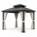 Pavillon en aluminium avec toit en acier et rideaux en polyester beige