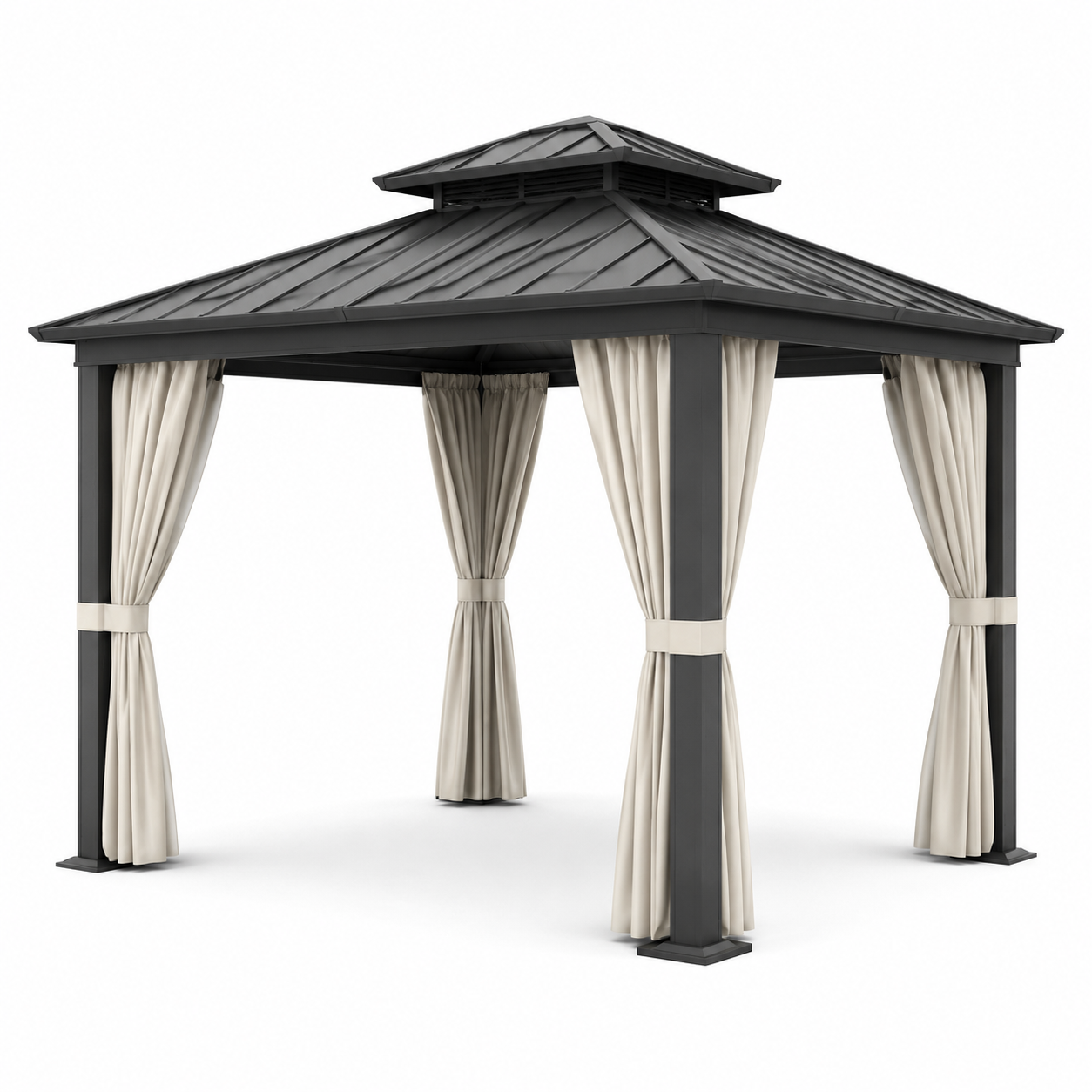 Pavillon en aluminium avec toit en acier et rideaux en polyester beige