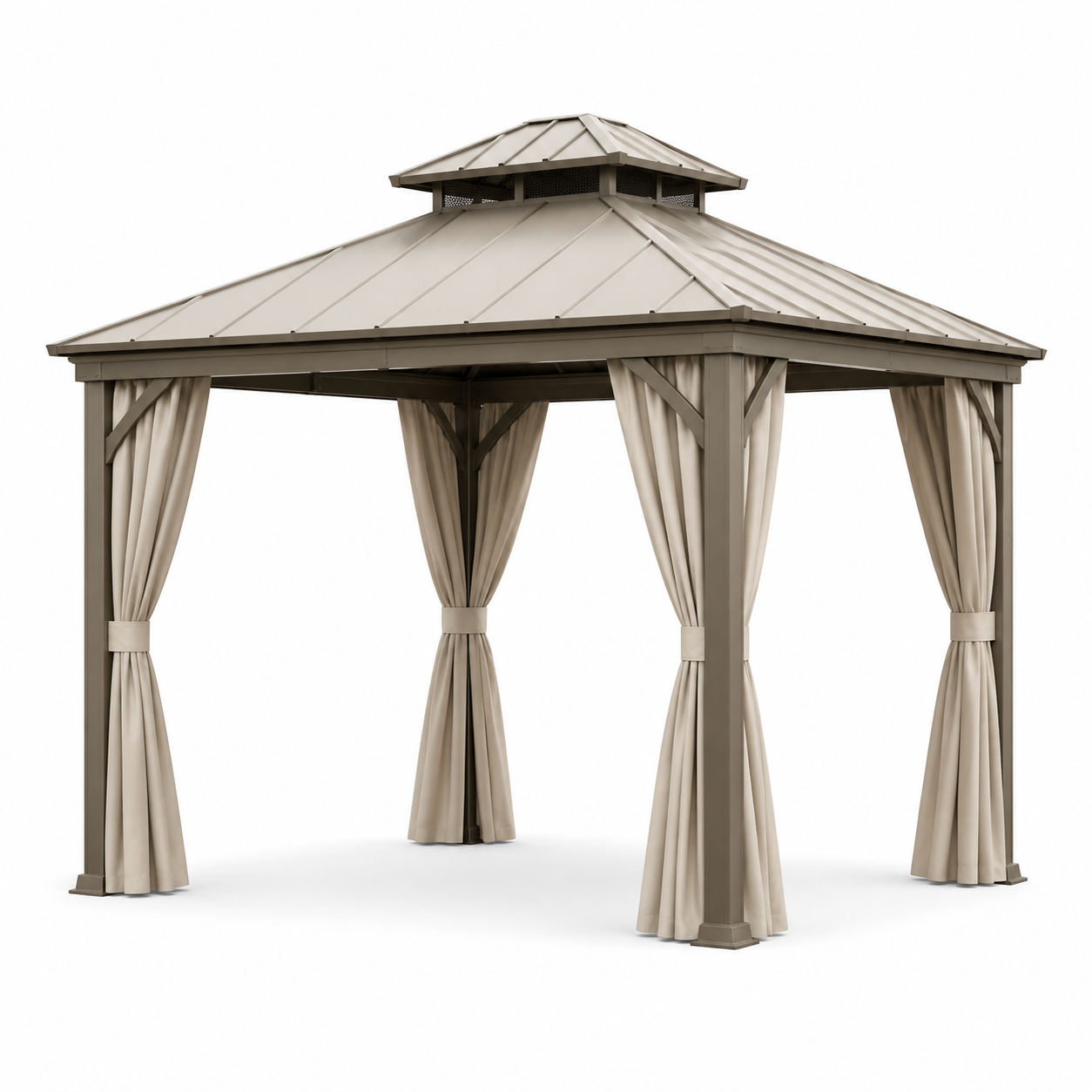 Pavillon en aluminium avec toit métal et rideaux beiges