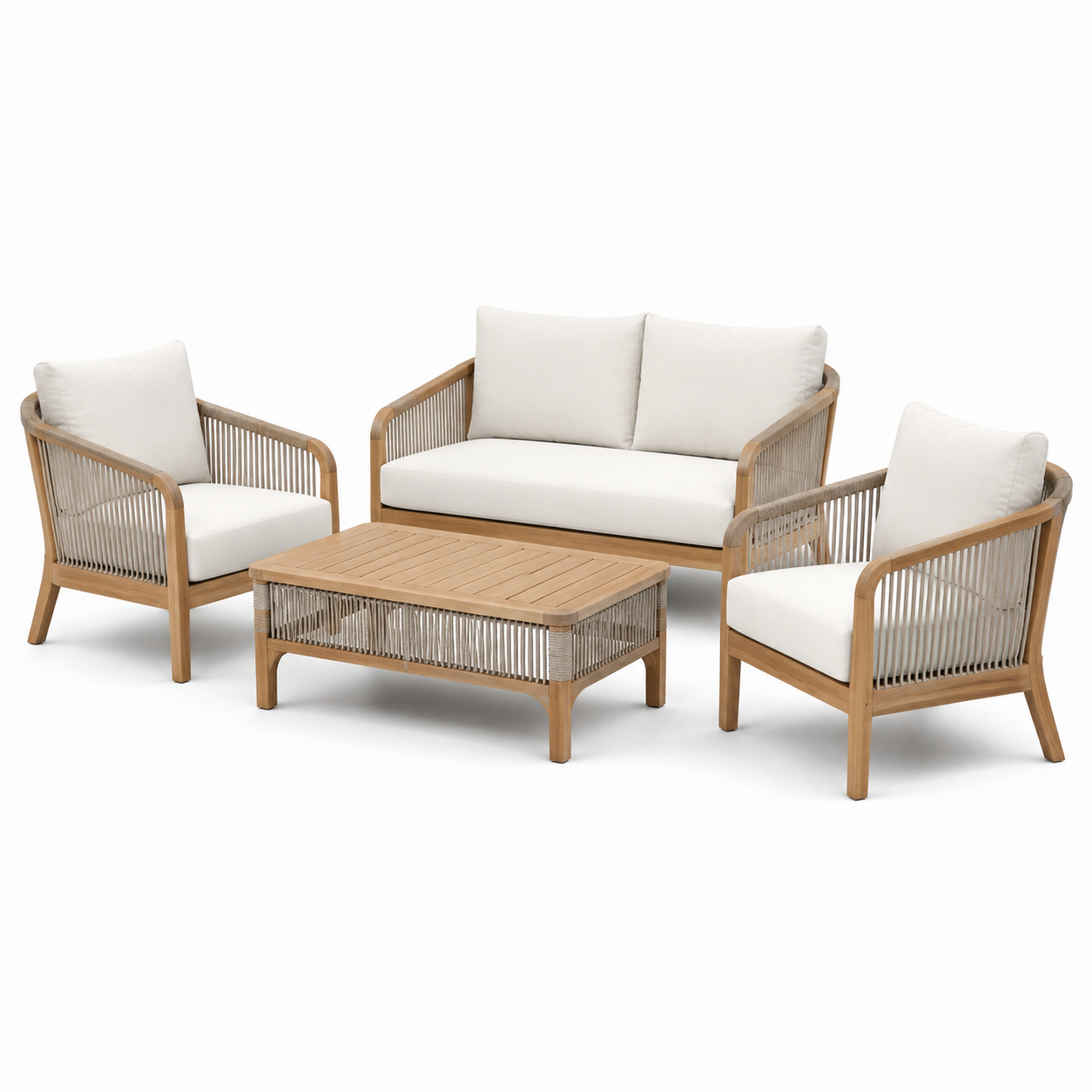 Ensemble de salon de jardin en bois et corde avec canapé 2 places et fauteuils