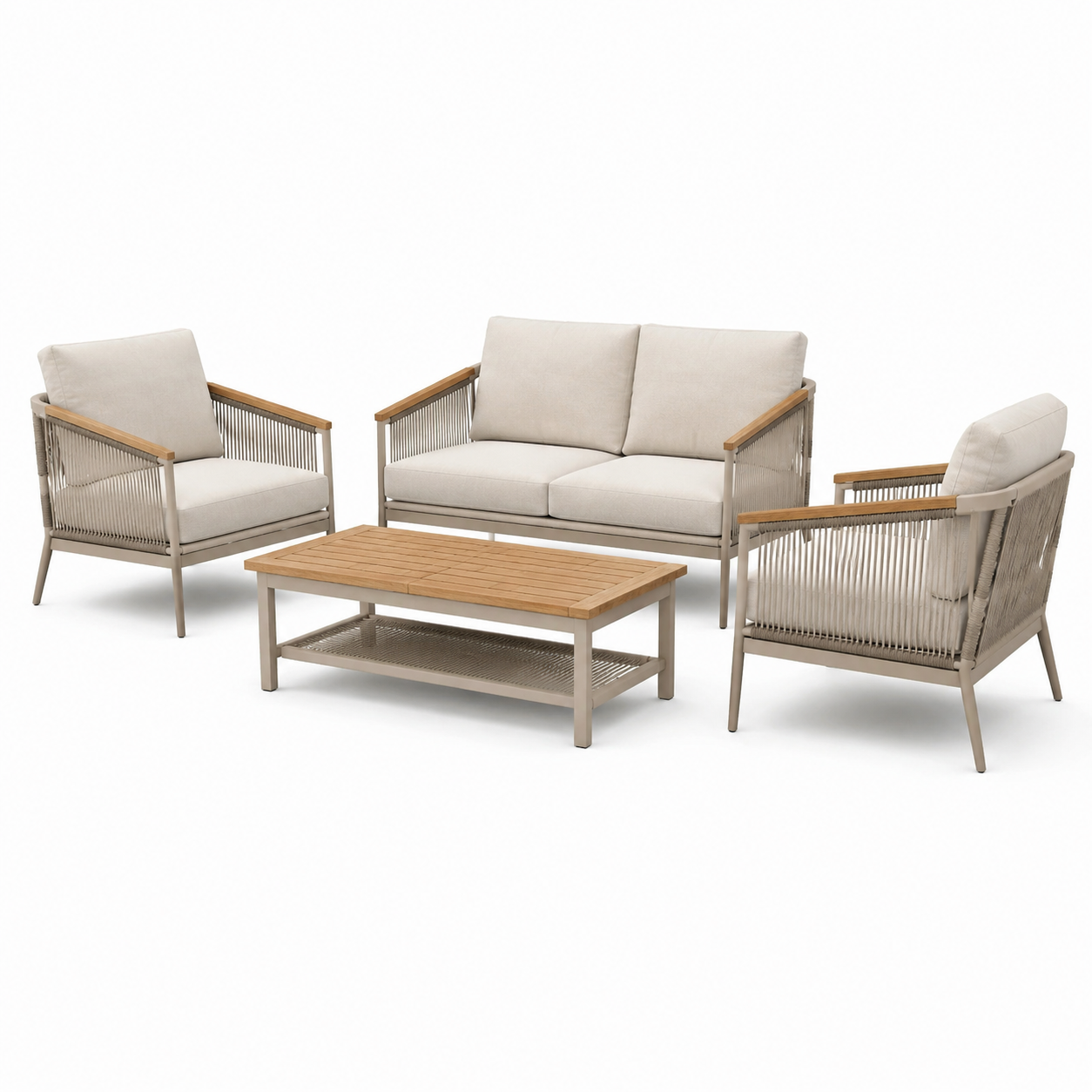 Ensemble de salon de jardin 4 pièces aluminium bois corde polyester beige