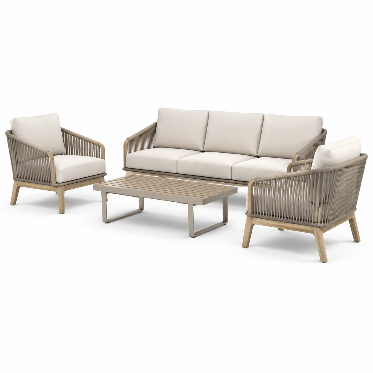 Ensemble de salon extérieur en bois, aluminium et corde avec coussins beiges