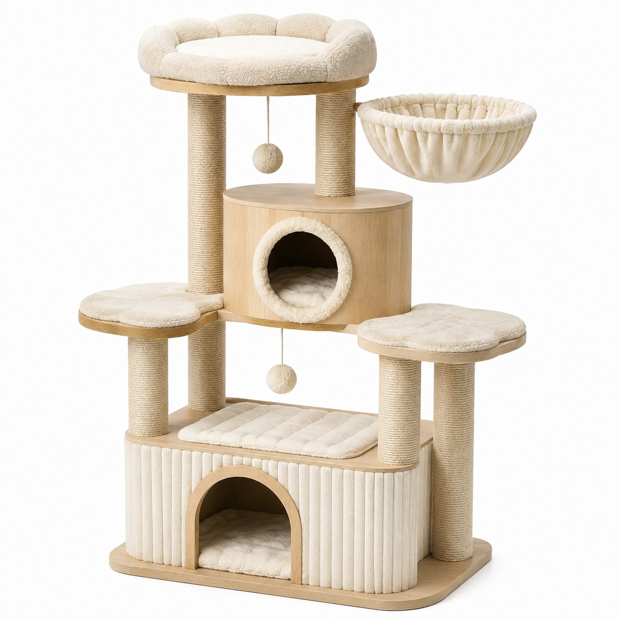 Arbre à chat en bois MDF avec tissu peluche beige