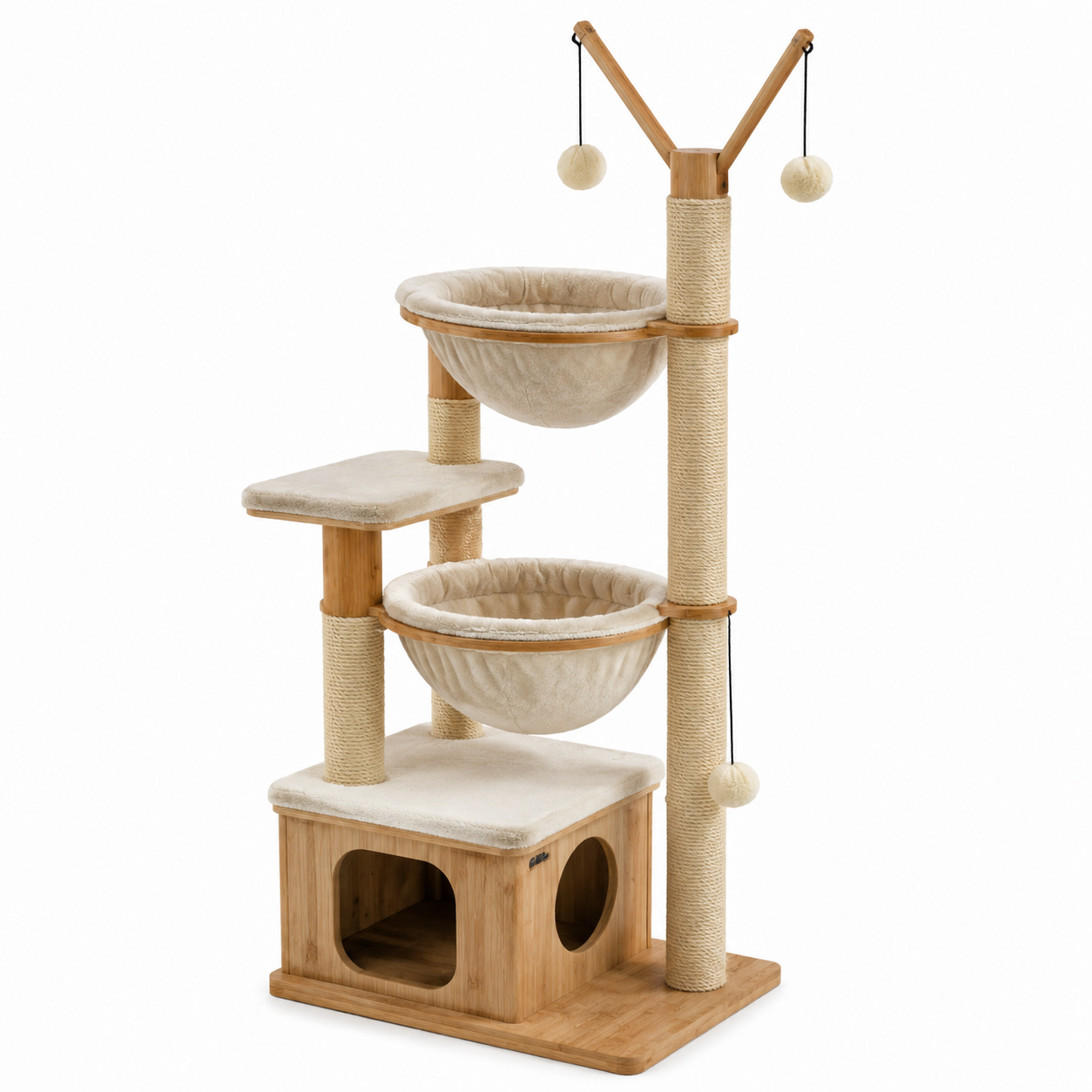 Arbre à chat en bambou et sisal beige avec plateformes