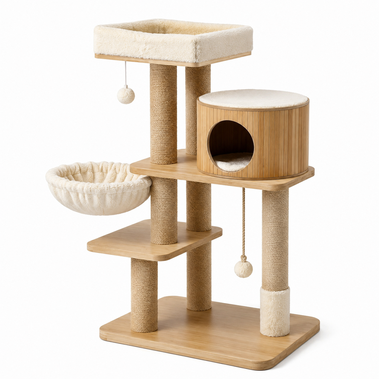 Arbre à chat en bambou avec coussins beiges