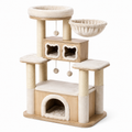 Arbre à chat en bois avec surfaces en peluche et corde en sisal beige