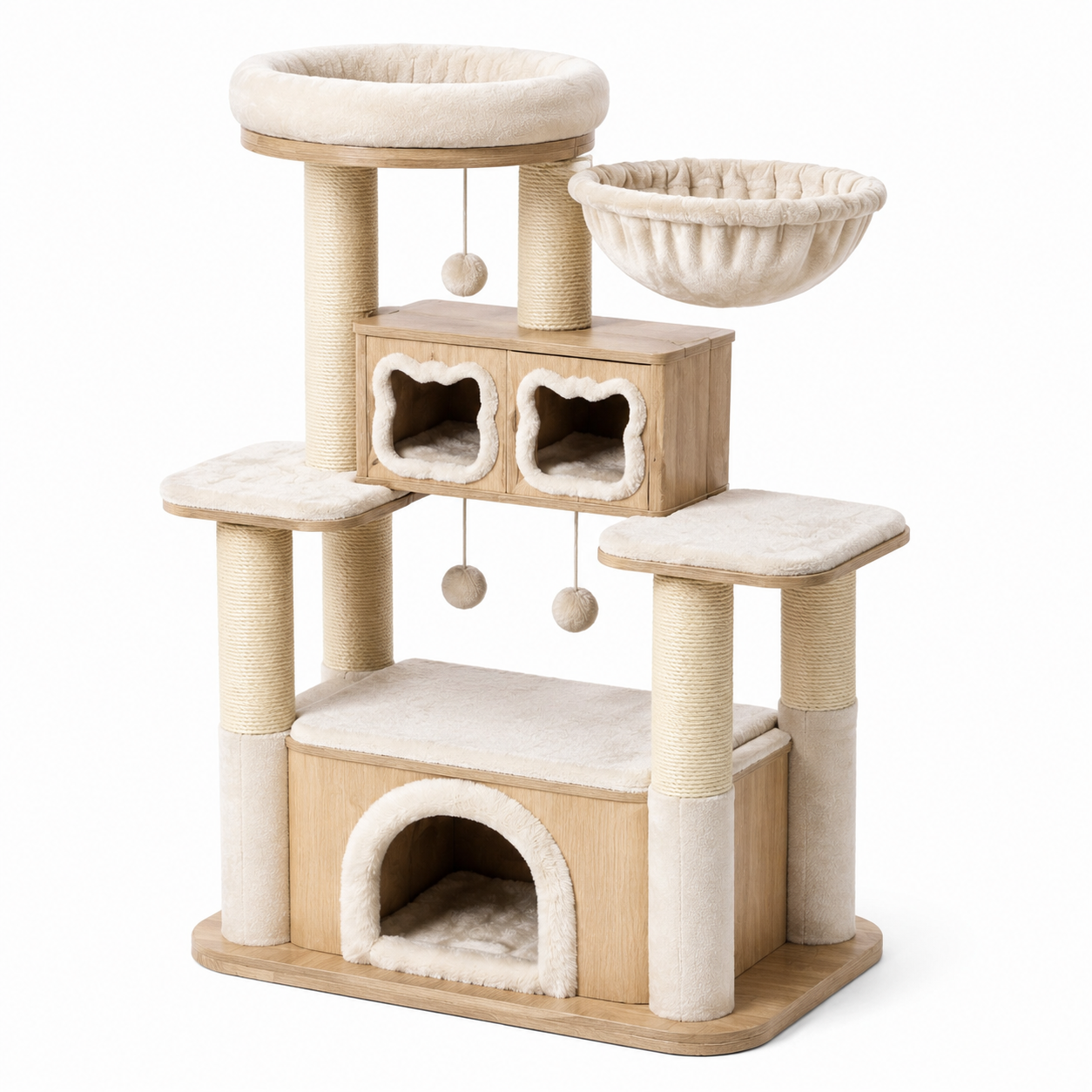 Arbre à chat en bois avec surfaces en peluche et corde en sisal beige