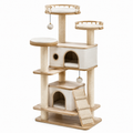 Arbre à chat en bois et sisal avec maisons beige
