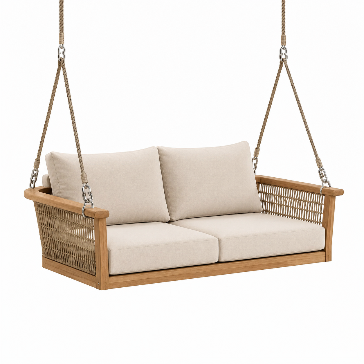 Balancelle suspendue en bois de teck avec coussins beige 200 cm