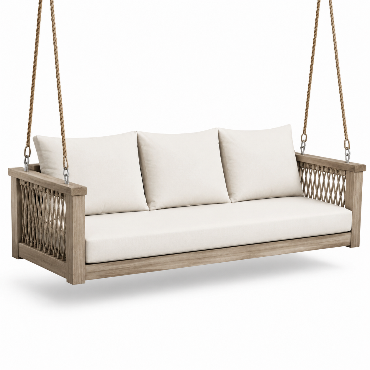 Canapé balançoire en bois avec coussins en tissu beige