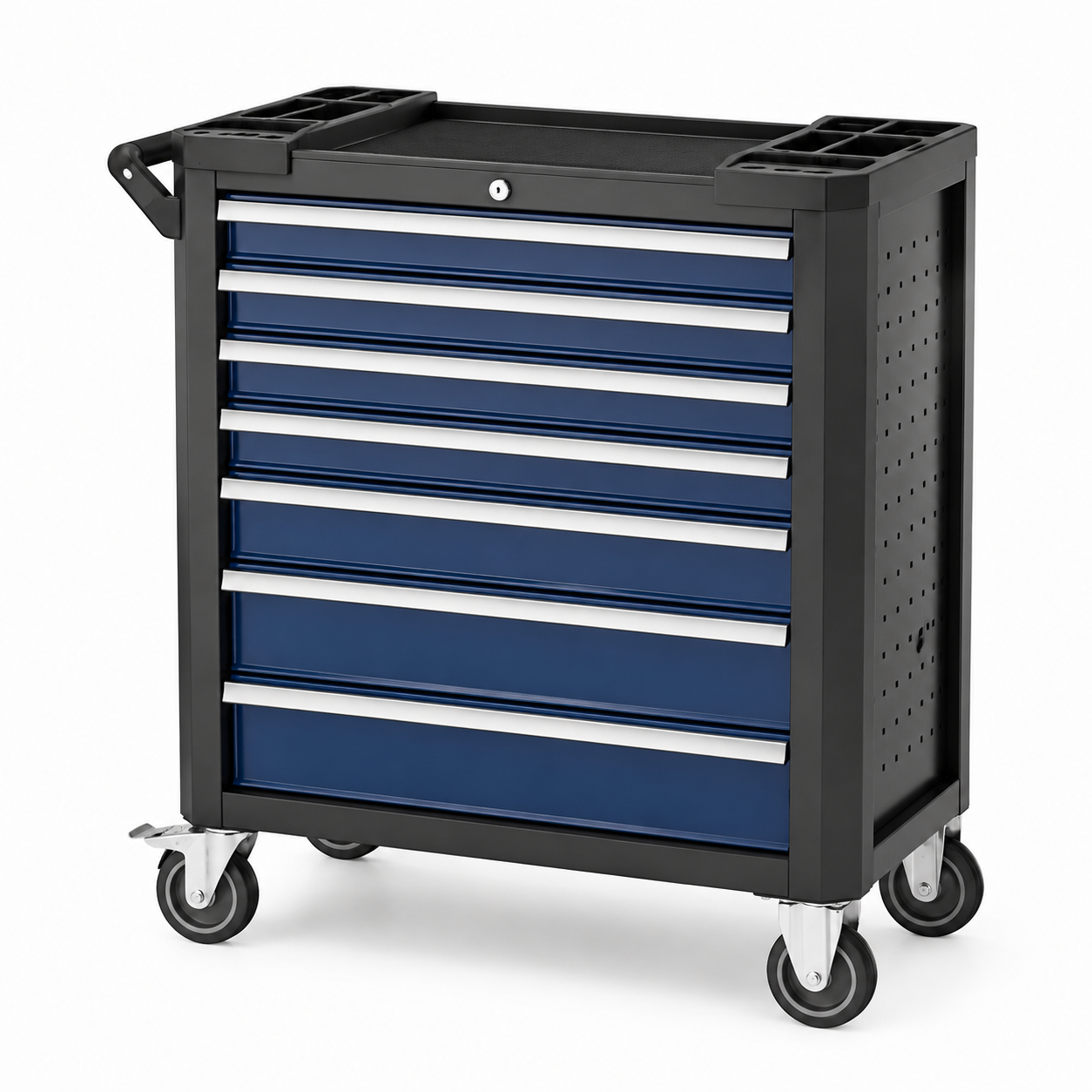 Chariot à outils en métal avec 7 tiroirs bleu à roulettes