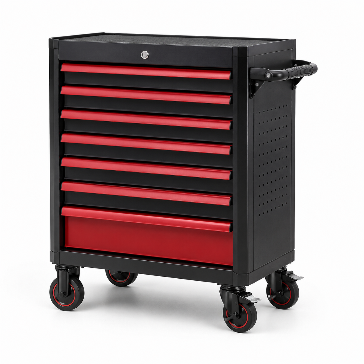 Chariot à outils en métal noir et rouge avec 7 tiroirs et roulettes