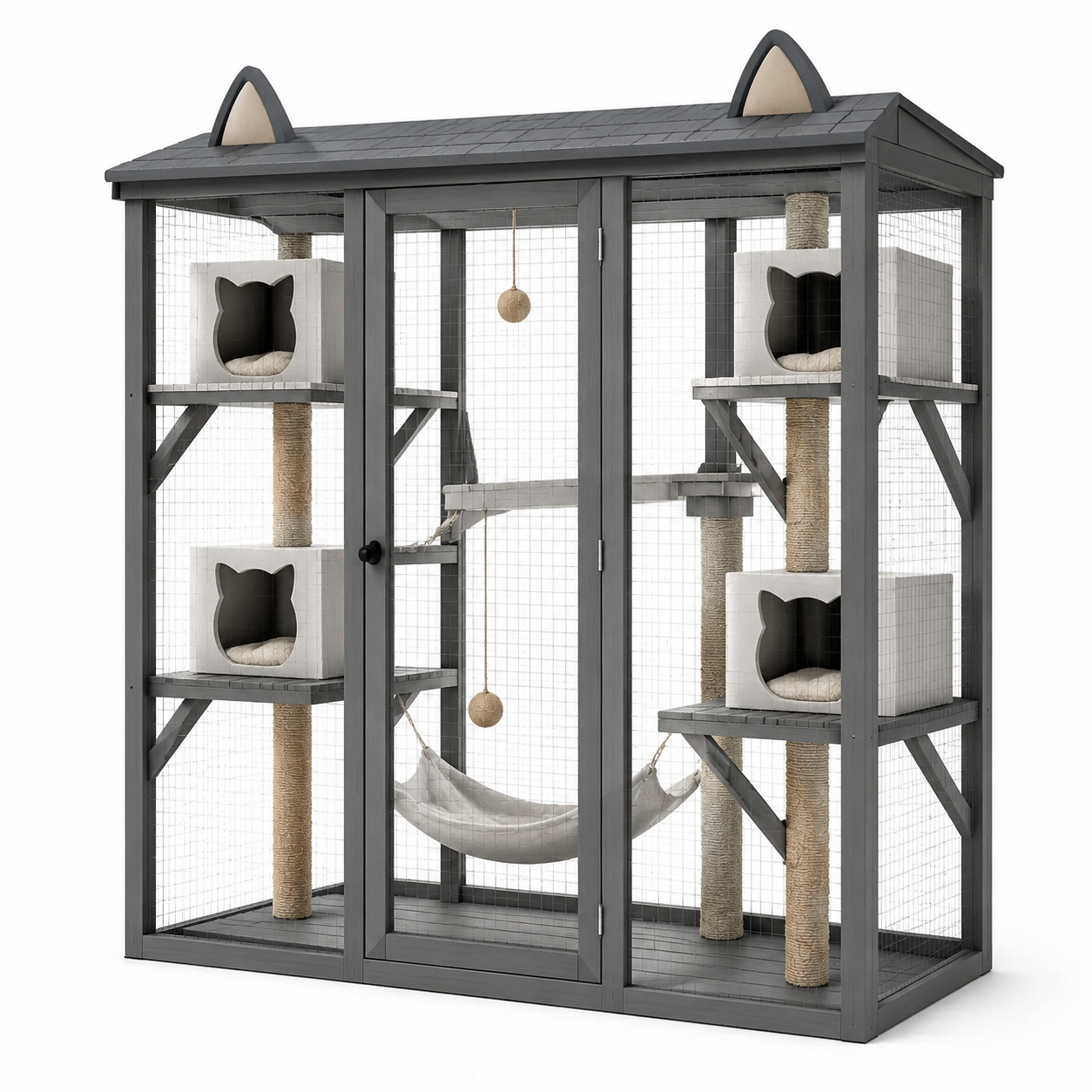 Enclos pour chat en bois et maille métallique avec hamac et griffoirs