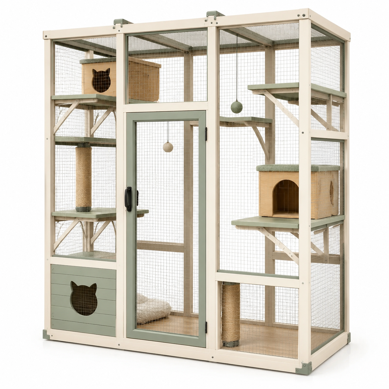 Enclos pour chat en métal et bois avec niveaux multiples, vert clair et bois naturel