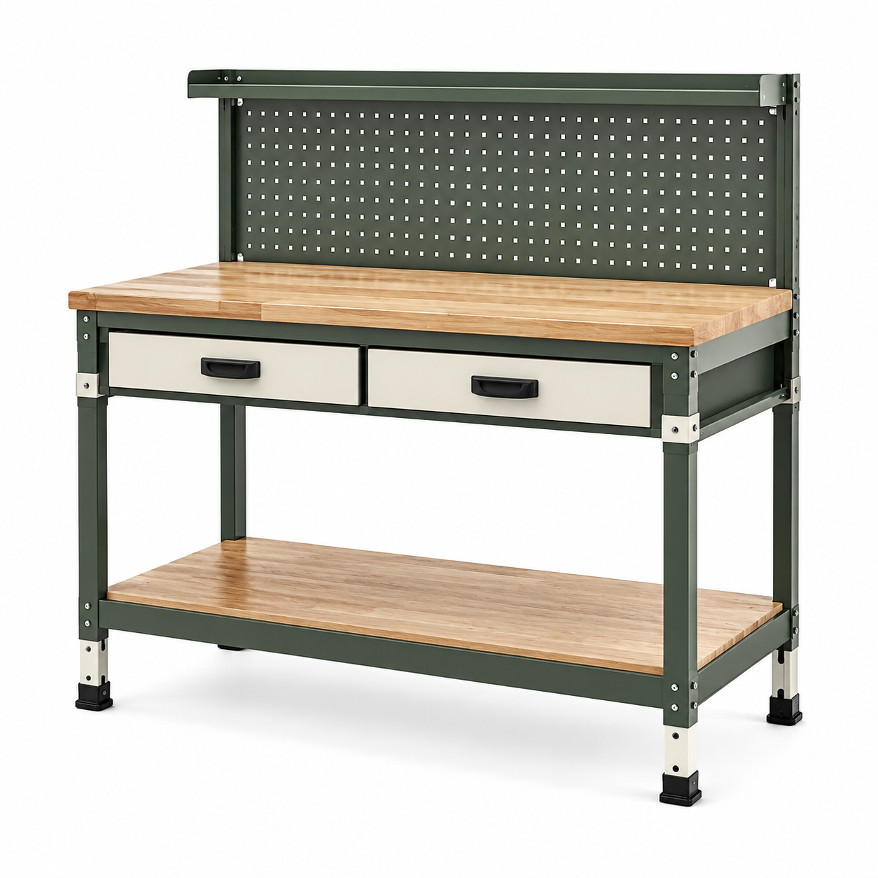 Établi en acier avec plateau en hêtre et rangement intégré 120x60x150 cm