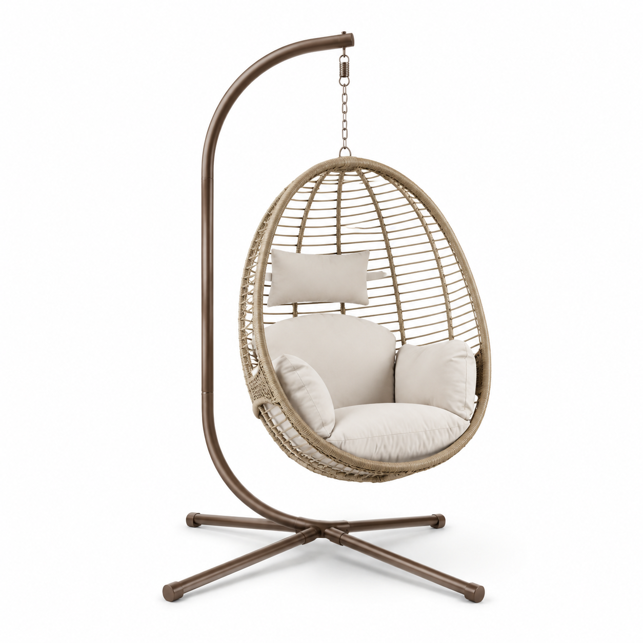 Chaise suspendue en rotin et métal avec coussins beige