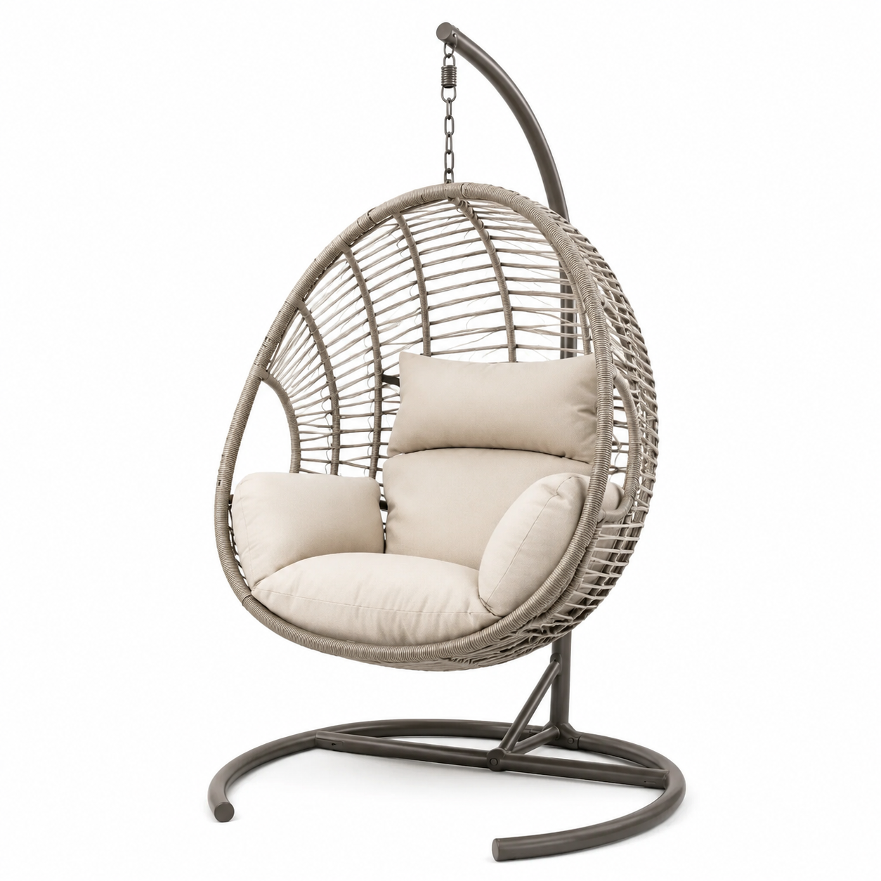 Fauteuil suspendu en rotin synthétique gris clair avec coussins beiges