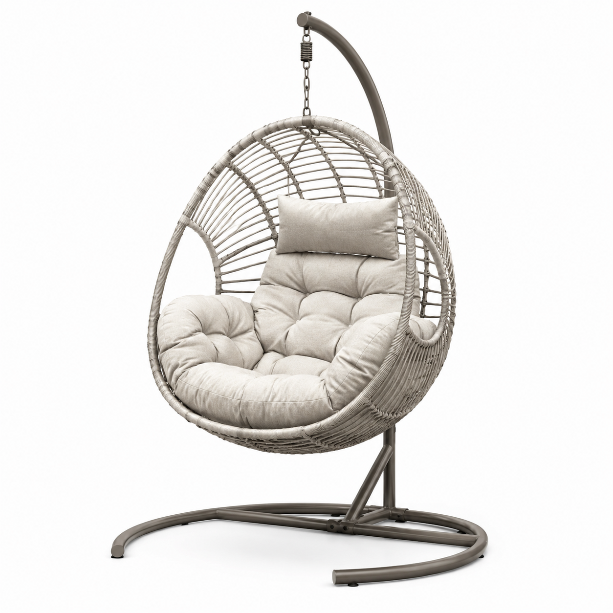Chaise suspendue en rotin PE avec coussin en polyester beige, cadre en acier