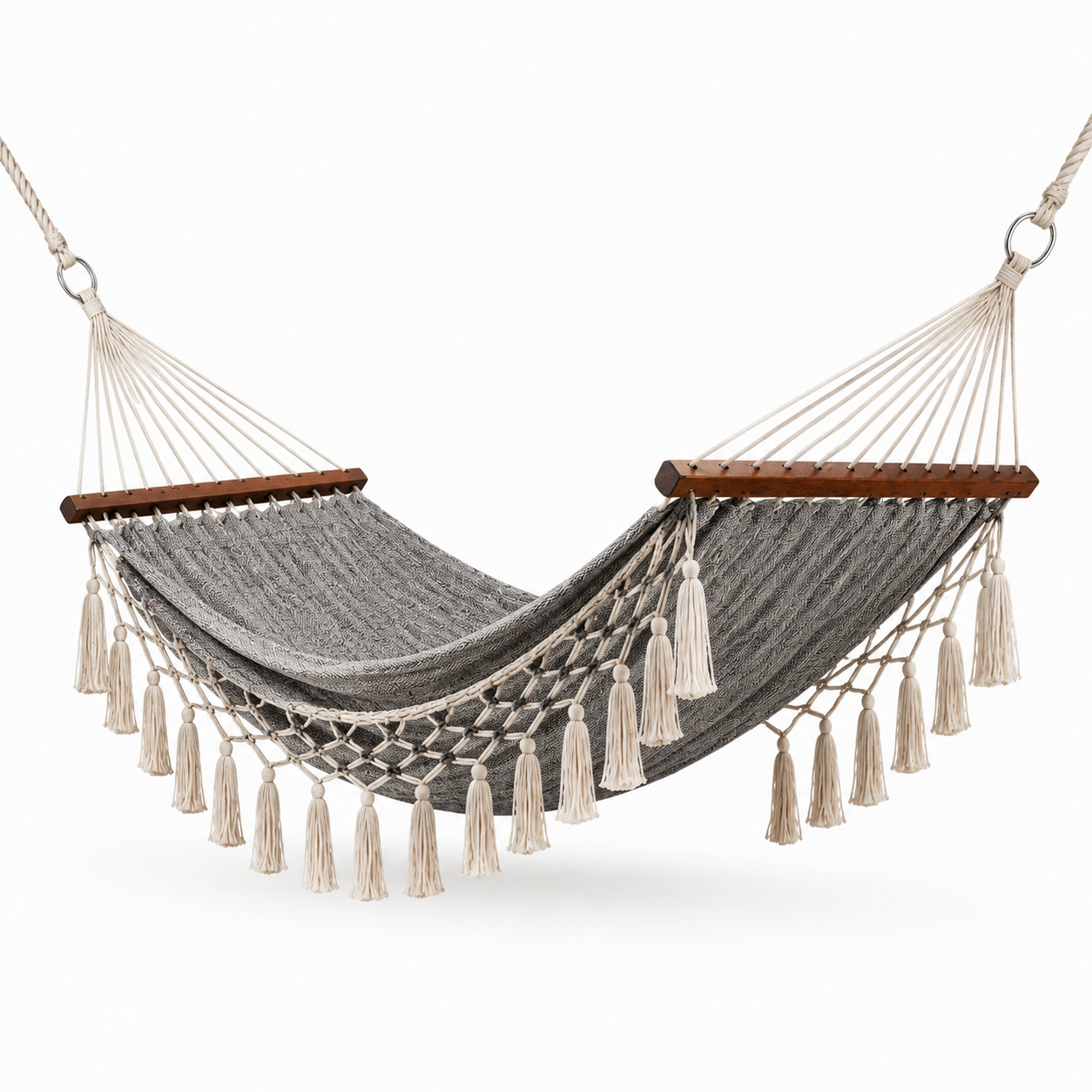 Hamac en coton avec barres en bois et franges gris / ivoire